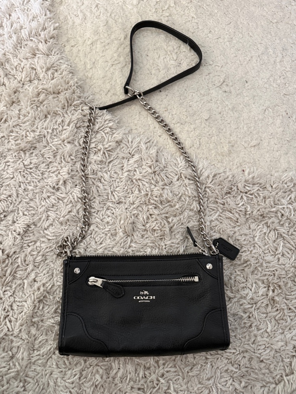 Coach Mickie Black Pebbled Leather Crossbody with Silver Chain Strap